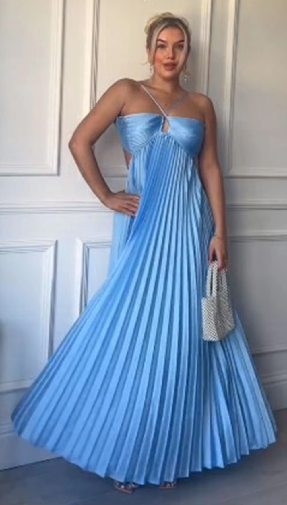 Simple A Line Halter Blue Sleeveless Long Prom Dress
