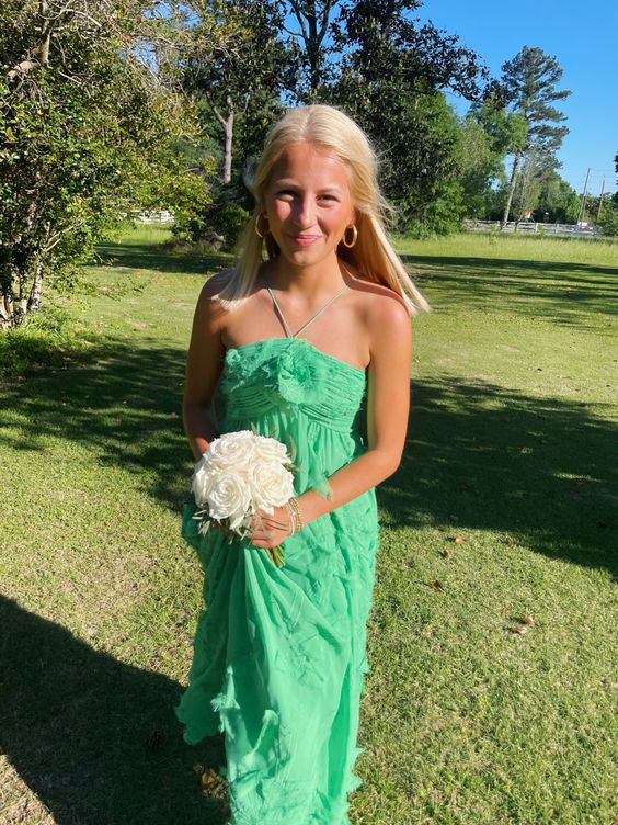 Simple A Line Halter Long Green Prom Dress