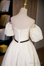 Simple A-Line Jacquard Fabric Long Prom Dress, Off the Shoulder Evening Dress