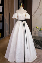Simple A Line Jacquard Fabric Long Prom Dress, Off the Shoulder Prom Dresses