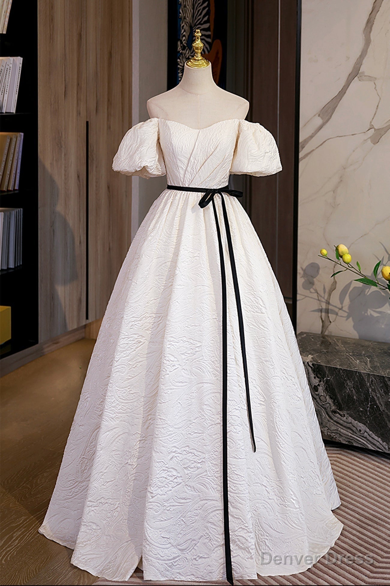 Simple A Line Jacquard Fabric Long Prom Dress, Off the Shoulder Prom Dresses