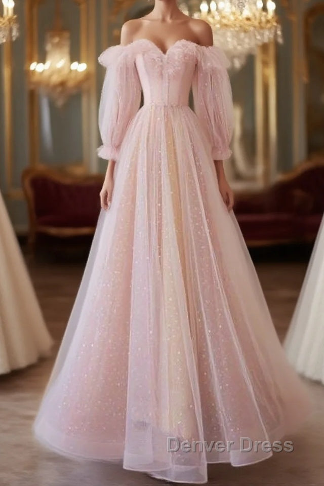 Simple A Line Long Sleeves Pink Tulle Long Prom Dresses Main image