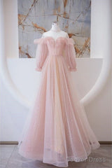 Simple A Line Long Sleeves Pink Tulle Long Prom Dress