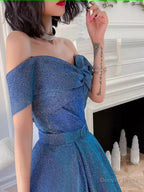 Simple A Line Off The Shoulder Blue Prom Dress
