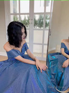 Simple A Line Off The Shoulder Blue Prom Dress