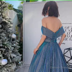 Simple A Line Off The Shoulder Blue Prom Dress