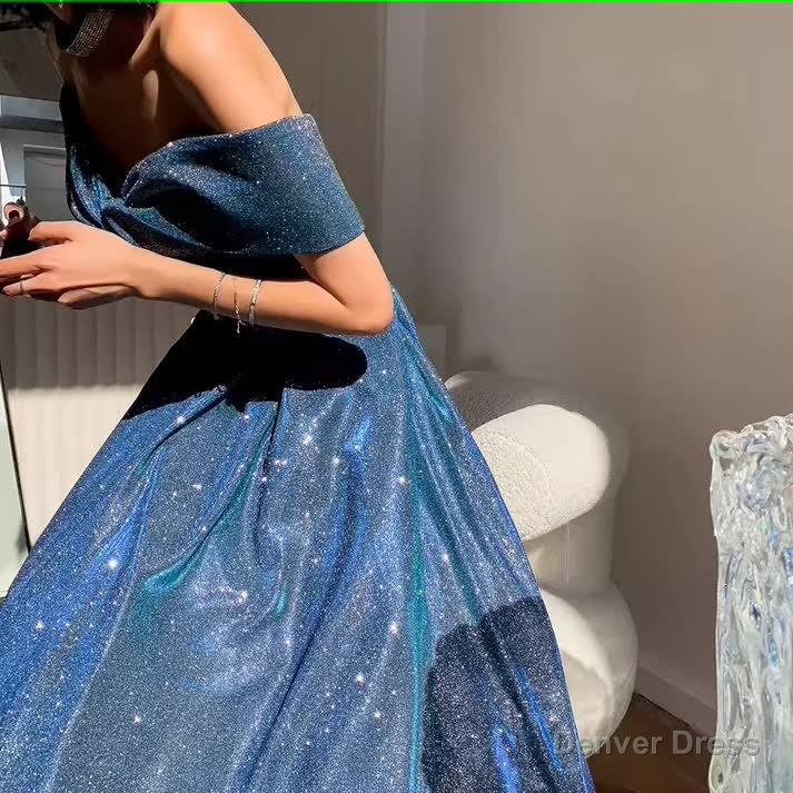 Simple A Line Off The Shoulder Blue Prom Dress