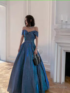 Simple A Line Off The Shoulder Blue Prom Dress