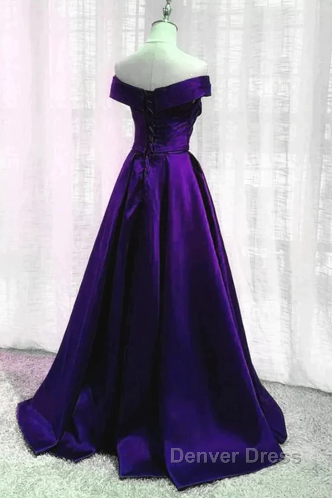 Simple A Line Off The Shoulder Purple Satin Long Prom Dresses