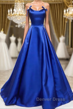 Simple A Line Royal Blue Satin Long Prom Dress, Royal Blue Prom Dress, Cheap Royal Blue Prom Dresses