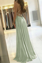 Simple A Line Sage Green Long Prom Dress With Slit Prom Dresses