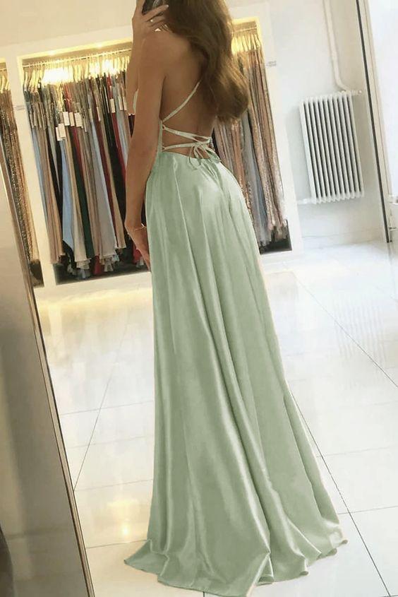 Simple A Line Sage Green Long Prom Dress With Slit Prom Dresses