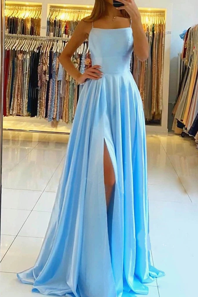 Simple A Line Sage Green Long Prom Dress With Slit Prom Dresses