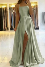 Simple A Line Sage Green Long Prom Dress With Slit Prom Dresses