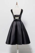 Simple  A-Line Satin Black Short Prom Dresses, Black Homecoming Dresses