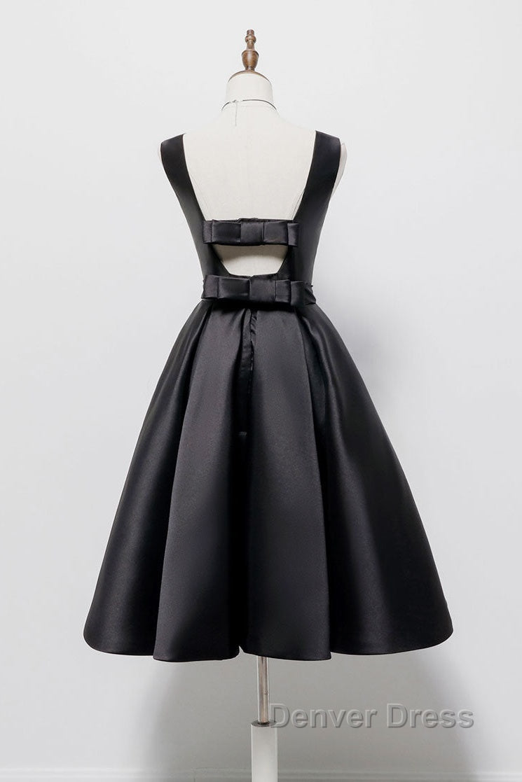 Simple A Line Satin Black Short Prom Dress, Black Homecoming Dresses