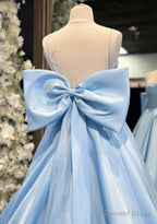 Simple A Line Satin Blue Long prom Dress, Blue Long Prom Dresses