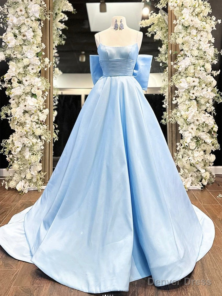 Simple A Line Satin Blue Long prom Dress, Blue Long Prom Dresses