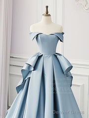 Simple A-Line Satin Blue Long Prom Dress, Blue Satin Long Formal Dress