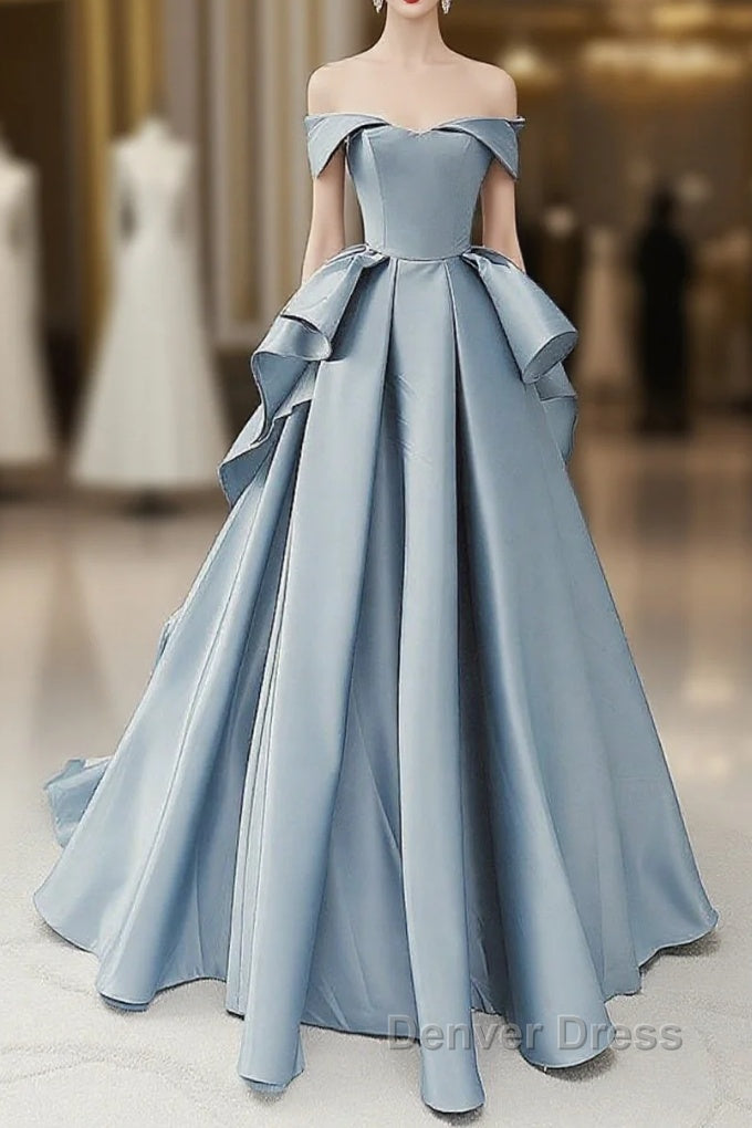 Simple A-Line Satin Blue Long Prom Dresses, Blue Satin Long Formal Dresses