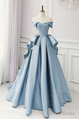 Simple A-Line Satin Blue Long Prom Dress, Blue Satin Long Formal Dress