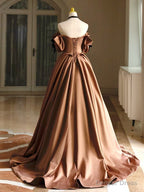 Simple A Line Satin Brown Long Prom Dress, Brown Long Prom Dresses