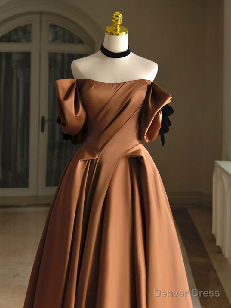 Simple A Line Satin Brown Long Prom Dress, Brown Long Prom Dresses