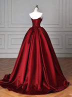 Simple A-Line Satin Burgundy Long Prom Dresses, Burgundy Long Evening Dresses