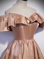 Simple A Line Satin Champagne Long Prom Dress, Champagne Evening Dress