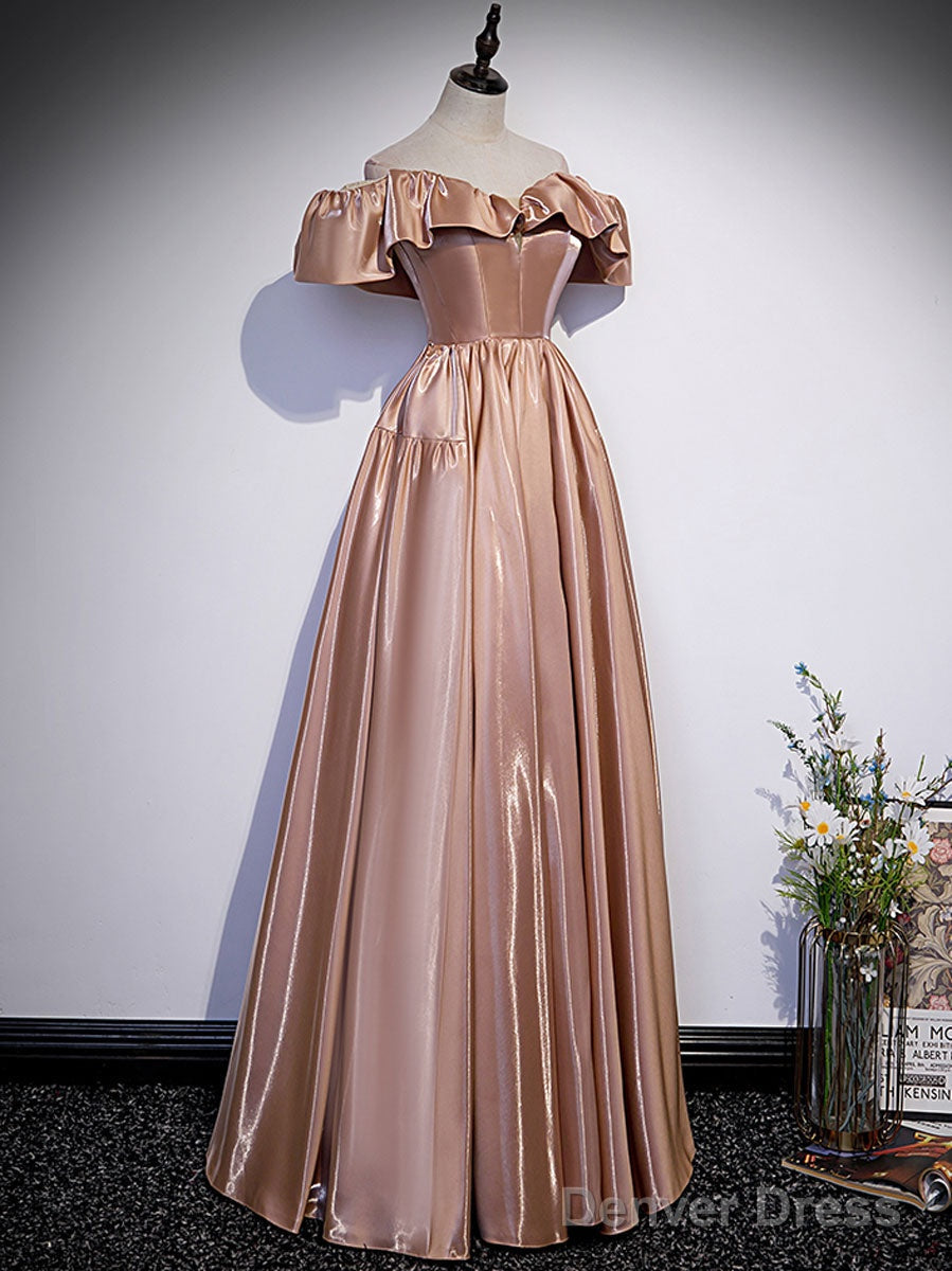 Simple A Line Satin Champagne Long Prom Dress, Champagne Evening Dress