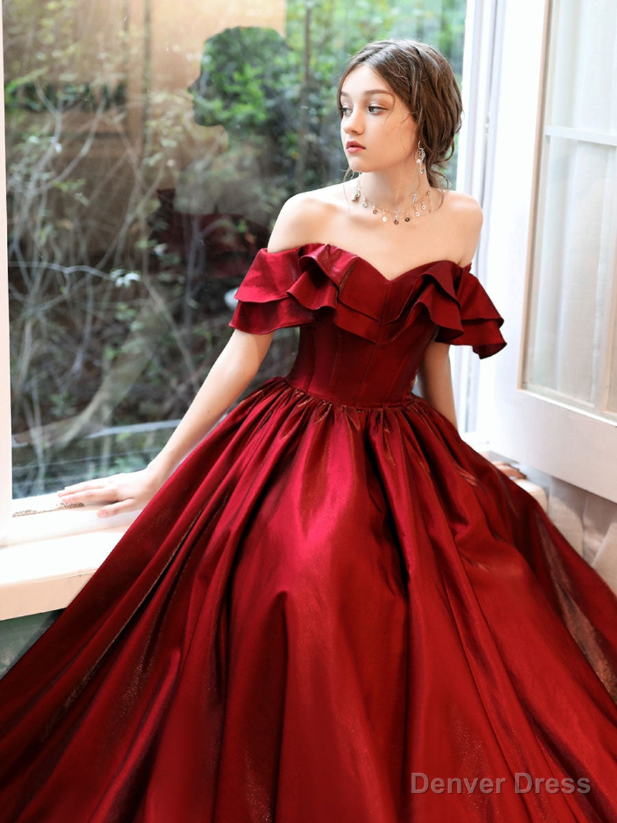 Simple A Line Satin Long Prom Dress, Burgundy Bridesmaid Dresses