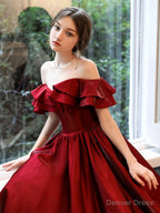 Simple A Line Satin Long Prom Dress, Burgundy Bridesmaid Dresses