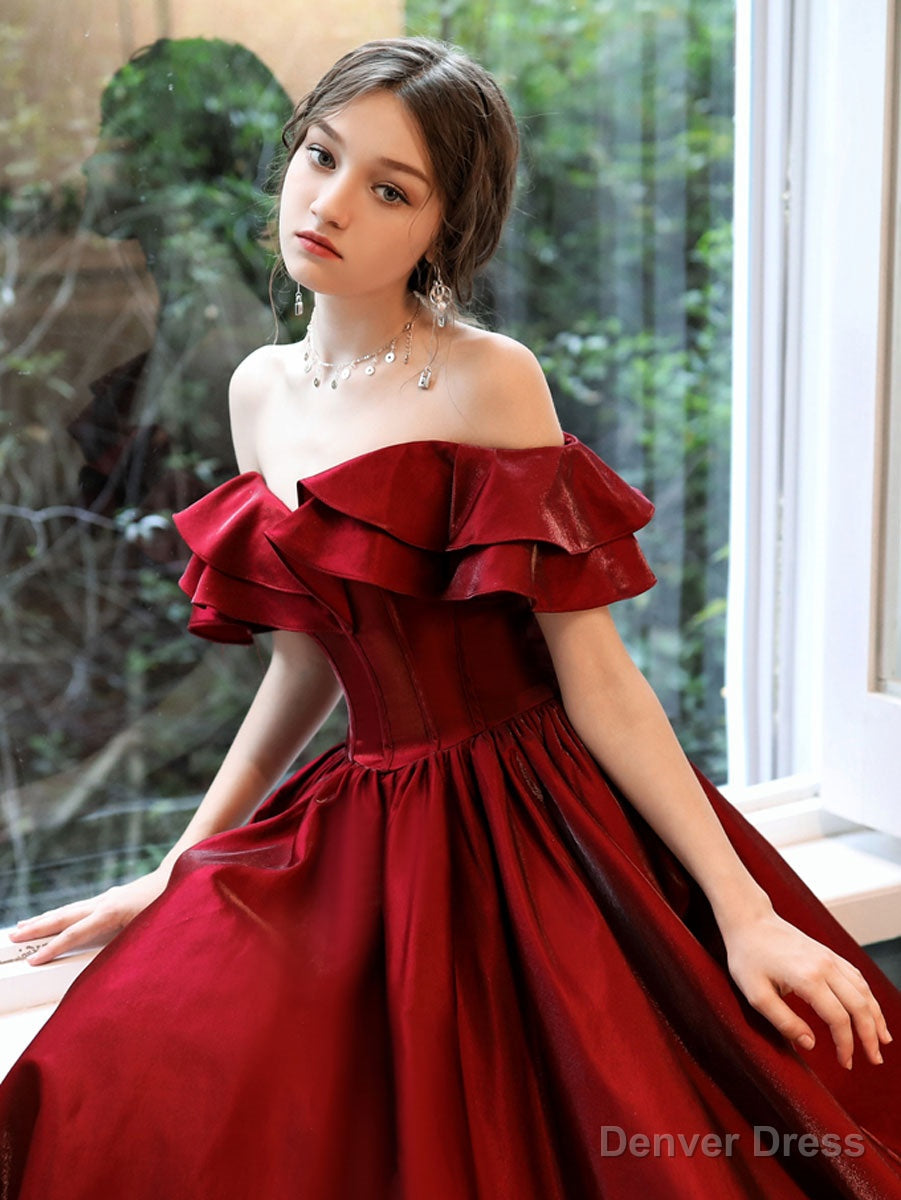 Simple A Line Satin Long Prom Dress, Burgundy Bridesmaid Dresses