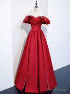 Simple A Line Satin Long Prom Dress, Burgundy Bridesmaid Dresses