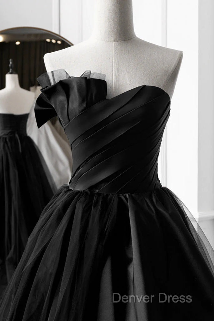 Simple A-Line Satin Strapless Black Long Prom Dresses