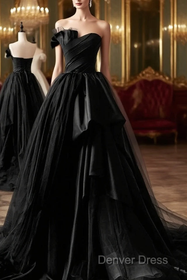 Simple A-Line Satin Strapless Black Long Prom Dresses