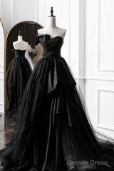 Simple A-Line Satin Strapless Black Long Prom Dress