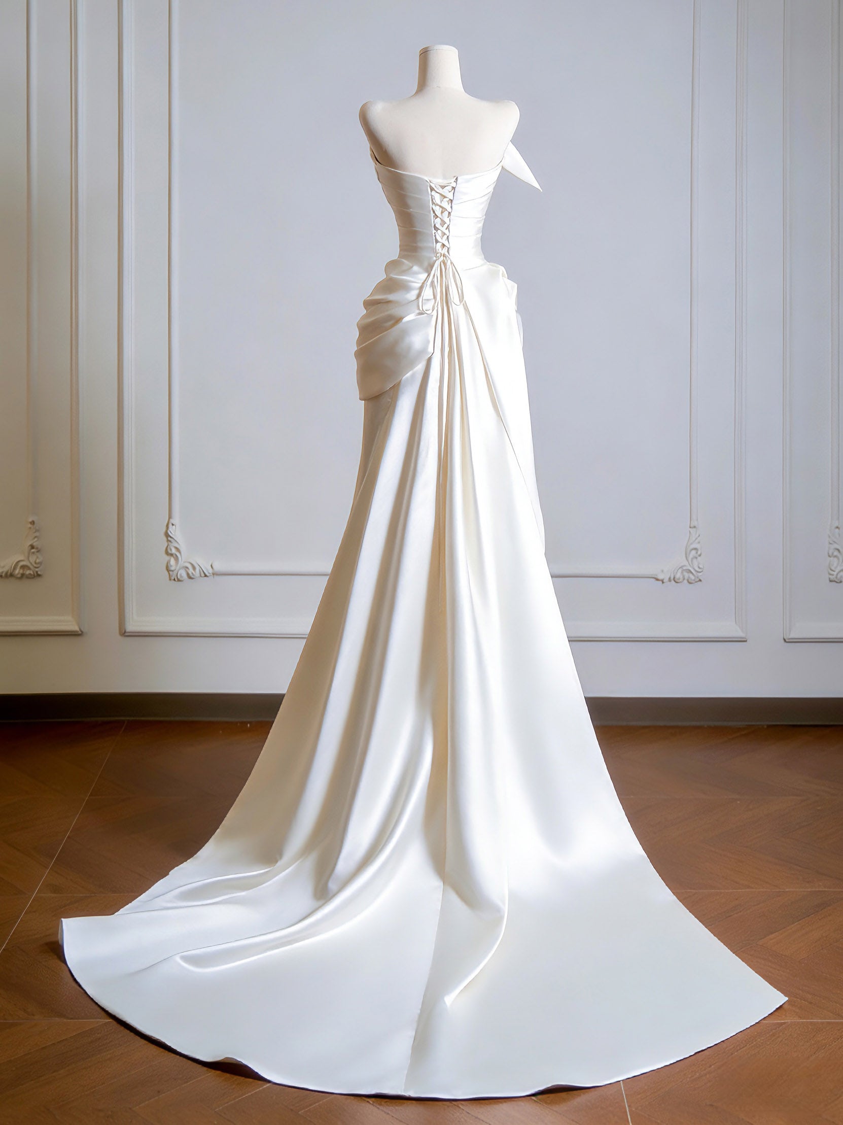 Simple A-Line Satin Sweep Train Light Champagne Prom Dresses