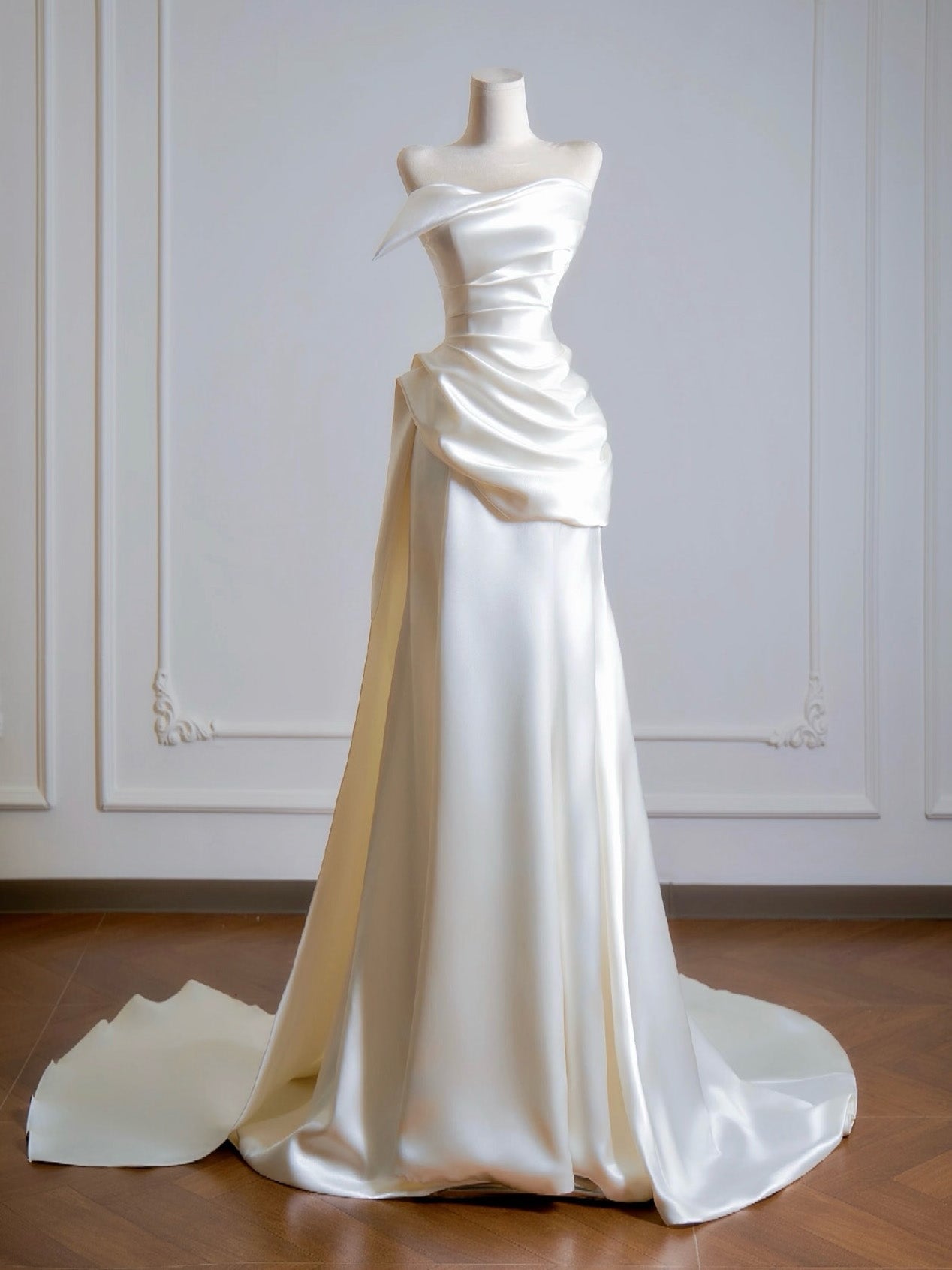 Simple A-Line Satin Sweep Train Light Champagne Prom Dresses Main image