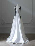 Simple A-Line Satin White Long Prom Dresses, White Long Formal Dresses