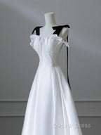 Simple A-Line Satin White Long Prom Dresses, White Long Formal Dresses