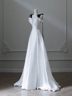 Simple A-Line Satin White Long Prom Dresses, White Long Formal Dresses