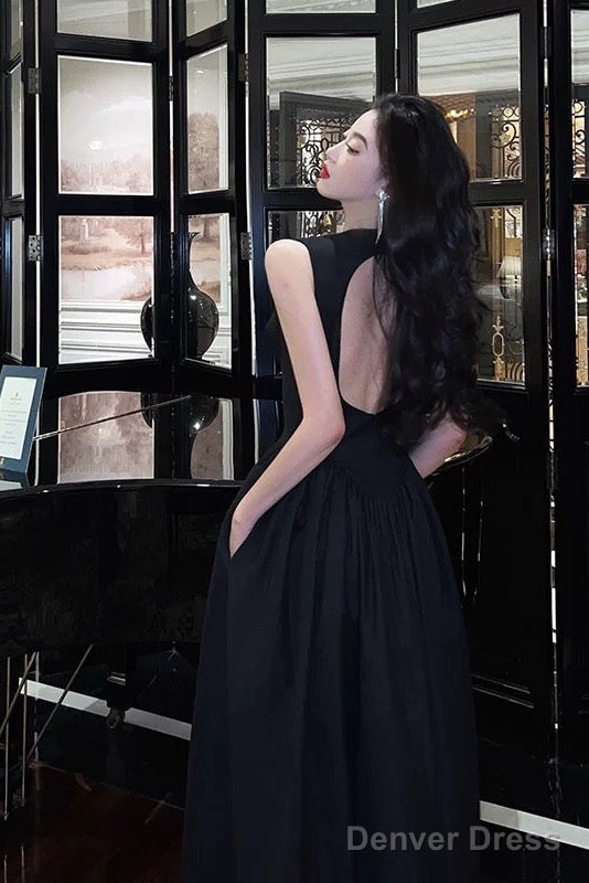 Simple A Line Scoop Neckline Black Backless Prom Dresses Birthday Outfits Evening Gown