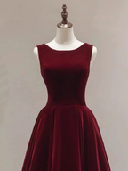Simple A line Scoop Velvet Burgundy Velvet Long Prom Dresses