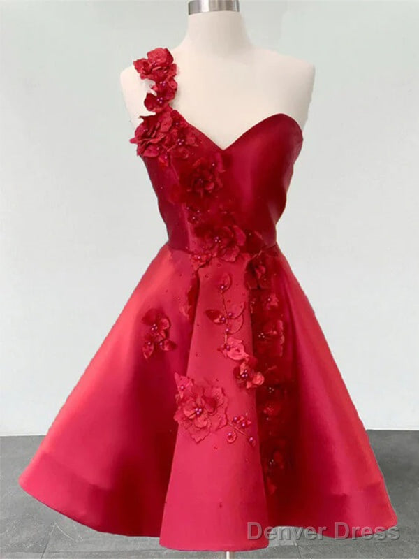 Simple A-Line Short Sweetheart Flowers One Straps Red Homecoming Dresses Online,