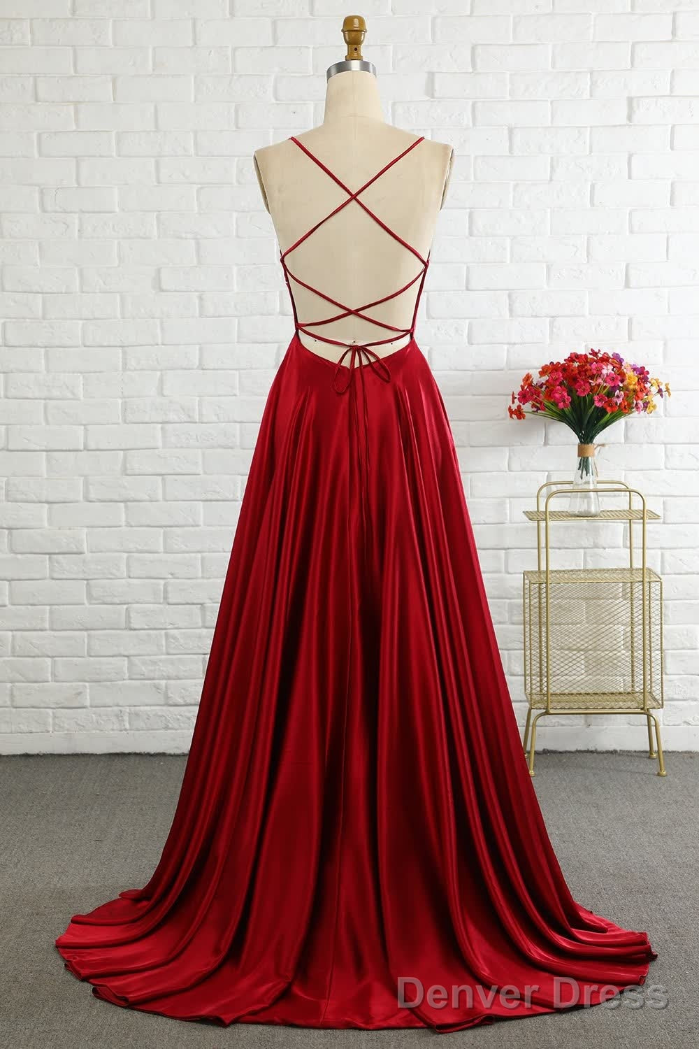 Simple A Line Spaghetti Straps Burgundy Long Prom Dresses with Cirss Cross Back Secondary image