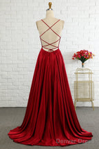 Simple A Line Spaghetti Straps Burgundy Long Prom Dresses with Cirss Cross Back
