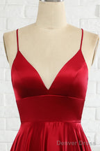 Simple A Line Spaghetti Straps Burgundy Long Prom Dresses with Cirss Cross Back