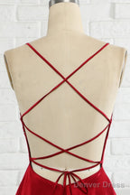 Simple A Line Spaghetti Straps Burgundy Long Prom Dresses with Cirss Cross Back