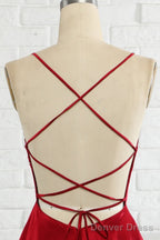 Simple A Line Spaghetti Straps Burgundy Long Prom Dress with Cirss Cross Back